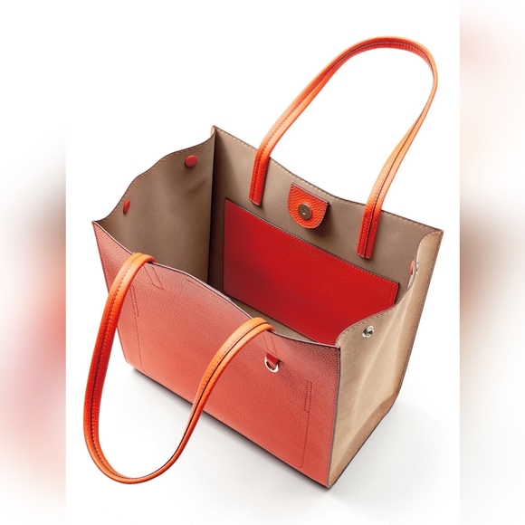 BANANA REPUBLIC pebbled italian leather orange tote bag convertible shape - Picture 3 of 15